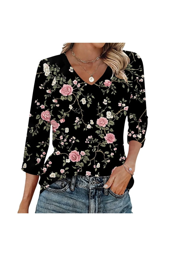 Tunic Blouse for Women V Neck 3/4 Sleeve Vintage Boho Style Small Floral Print Soft Breathable Stretchy Fabric Casual Daily Tops