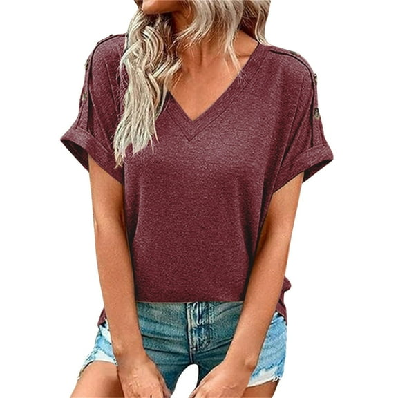 Tunic Blouses, Yigetop Women's Casual Top Short Sleeve Knot Shirts Slim Fit V Neck T Shirt Tops Flowy Tunic Tops for Women Red L