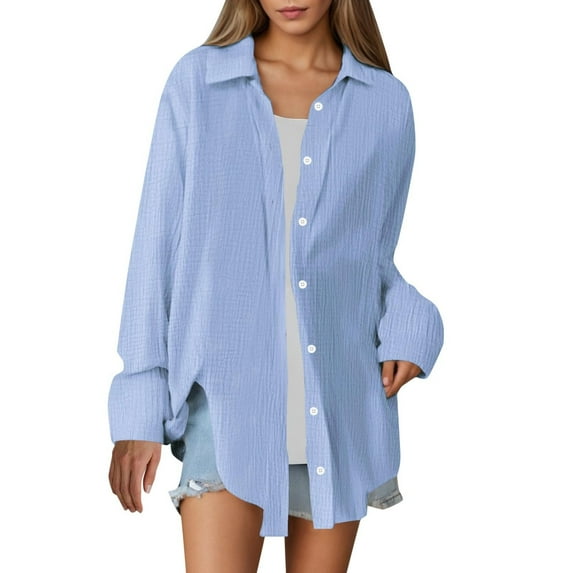 Tunic Button Shirts for Women Long Sleeve Oversize Shirt Beach Swimsuit Cover up Loose Casual Travel Blouse Light Blue L