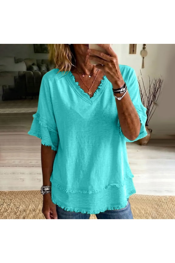 Tunic with Frayed Trim Summer Blouses Frayed Edge T-Shirts Linen Tunic Fringe Trim Layered Ruffle Sleeve Tunic Summer Tops Short Sleeve Cotton Linen Work Blouse Linen Shirts for Women Mint Green S