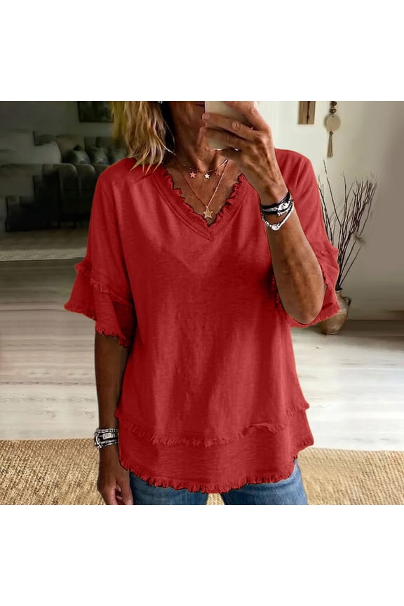 Tunic with Frayed Trim V Neck Tunic Top Frayed Edge T-Shirts Tassel Trim Blouse Short Sleeve Tops Gauze Work Blouse Linen Tunic Womens Blouses Ruffle Sleeve Tunic Dressy Blouses Red S