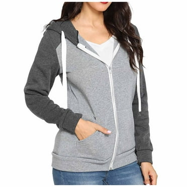Tunic Hoodie Sweatshirts Front Zip Jackets for Women Trendy Color Block Drawstring Hooded Outerwear with Pocket (L, Gray)