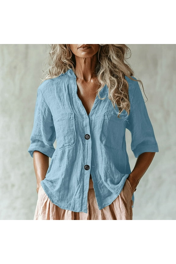 Tunic Shirts for Women 3/4 Sleeve Linen Cotton Peasant Blouse Loose Fit Summer Boho Vneck Button Down Shirt Plus Size