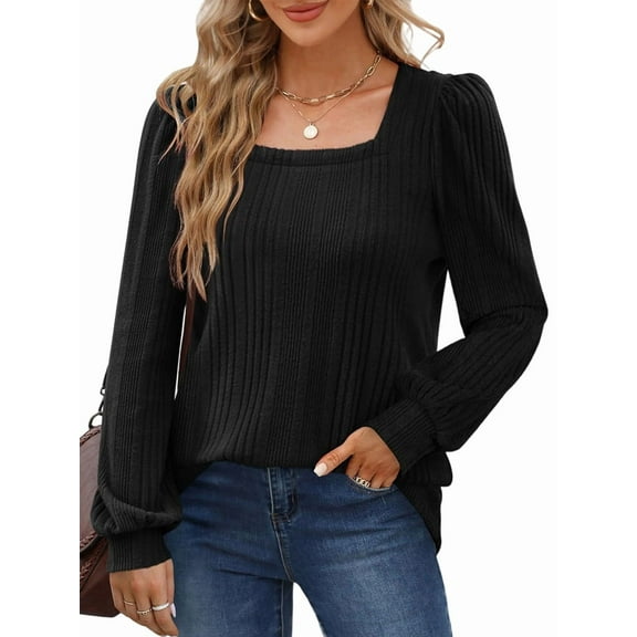 Tunic Shirts for Women Loose Fit Long Sleeve Shirts Square Neck Shirts Black XL