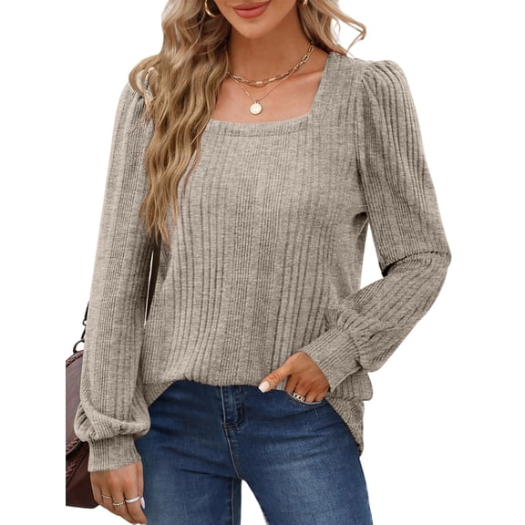 Tunic Shirts for Women Loose Fit Long Sleeve Shirts Square Neck Shirts Khaki XL