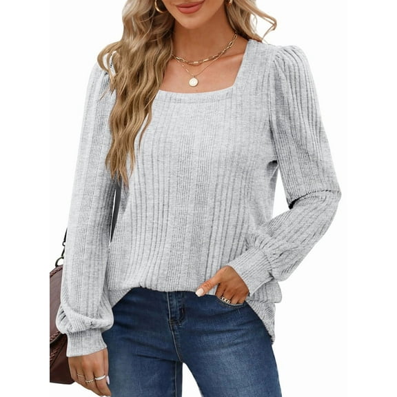 Tunic Shirts for Women Loose Fit Long Sleeve Shirts Square Neck Shirts Light Grey S