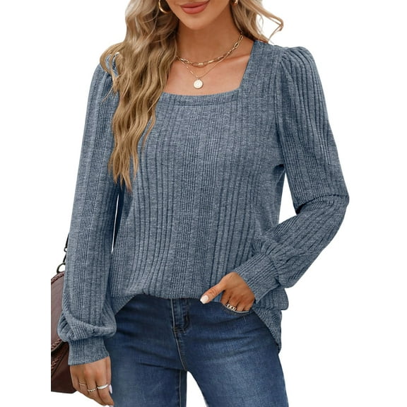 Tunic Shirts for Women Loose Fit Long Sleeve Shirts Square Neck Shirts Sea Blue XXL