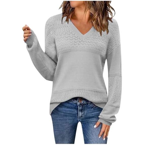 Tunic Sweater Women Eyelet Knitted Pullover Sweaters Tops Ribbed Cuff Winter Warm V-Neck Long Sleeve Shirts