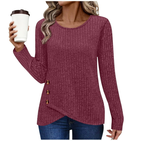 Tunic Sweaters for Women Long Sleeve Shirts Crew Neck Tops with Buttons Fall Fashion Outfits Ribbed Winter Clothing