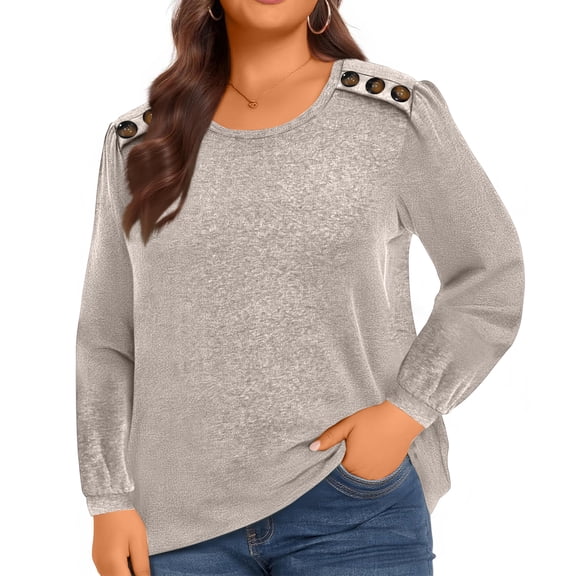 Tunic Sweaters for Women Long Sleeve Shirts Crew Neck Tops with Buttons Fall Fashion Outfits Winter Clothing 2025 Khaki L