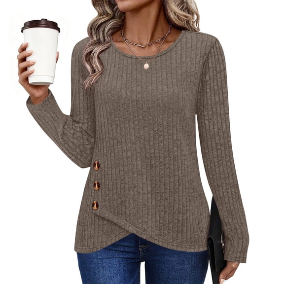 Tunic Sweaters for Women Long Sleeve Shirts Crew Neck Tops with Buttons Fall Fashion Outfits Winter Clothing