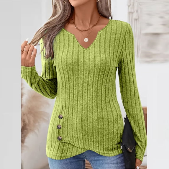 Tunic Sweaters for Women Long Sleeve Shirts V Neck Tops Fall Winter Ribber Knit Pullover Blouse Green XL