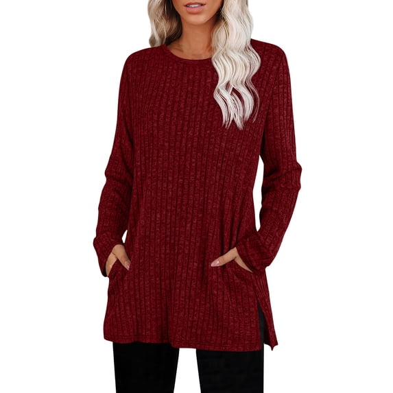 Tunic Sweaters for Women with Pockets Long Sleeve Ribbed Knit Sweater Casual Shirts Loose Fitting Pullover Tops Fall Outfits M