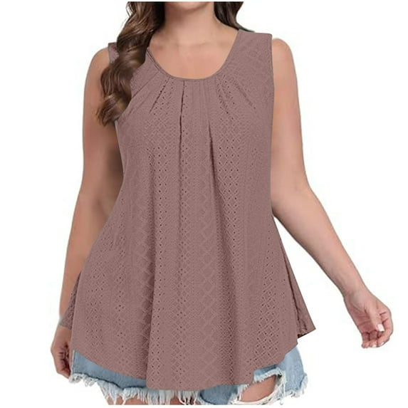 Tunic Tank Top for Women Round Neck Sleeveless Pleated Mesh Hole Solid Color Flowy T Shirts Brown,XL