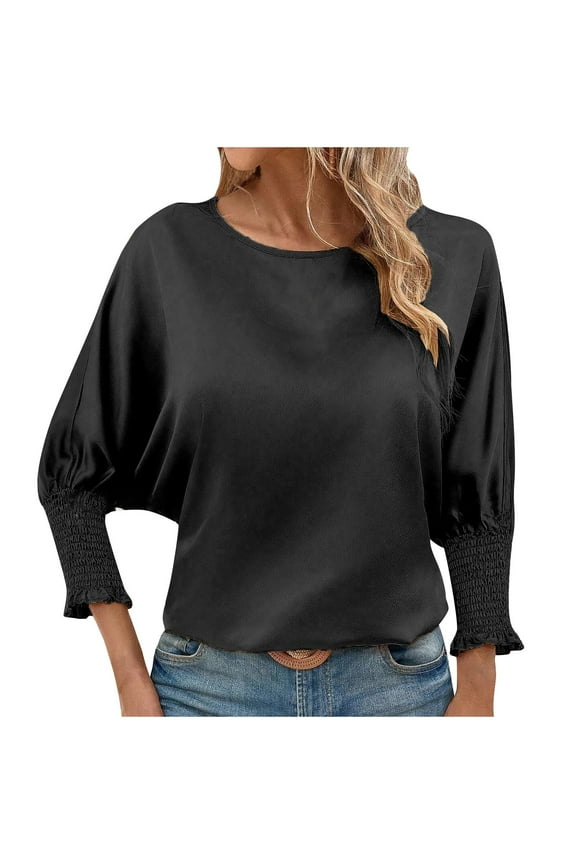 Tunic Tank Tops for Women 3/4 Length Sleeve Tunic Tops for Womens Summer 2025 Trendy Crew Neck Smocked Cuff Work Dressy Casual T Shirt Blouses Women's Stretch Short-Sleeve Black M