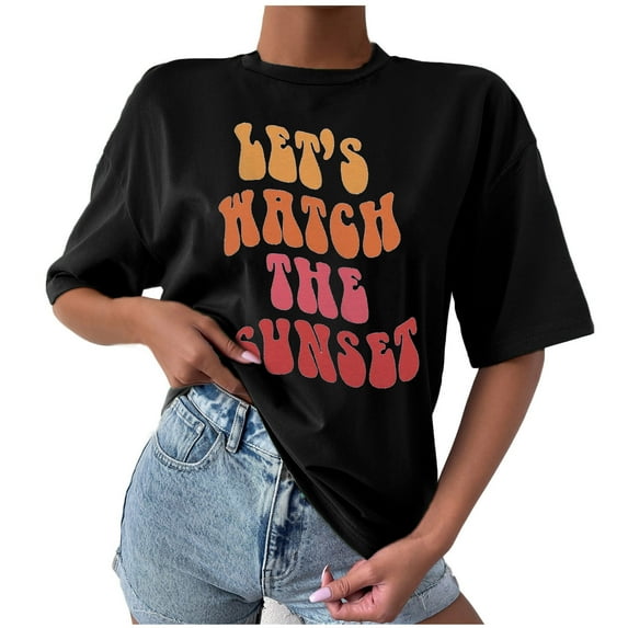 Tunic Tees for Women Casual Letter Print Tops Shirts Teen Gilrs Oversize Short Sleeve Funny Tunic Round Neck Blouses