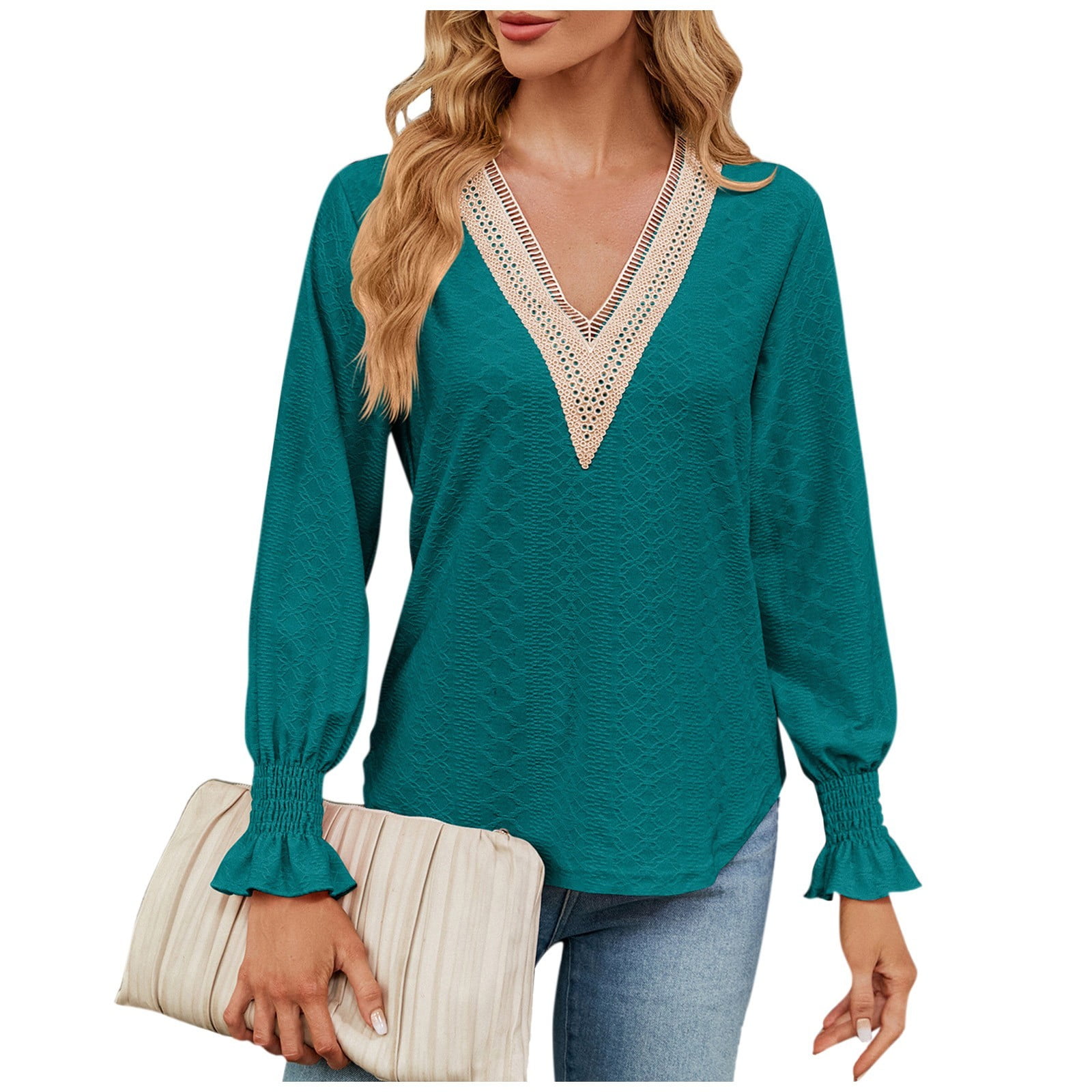 Tunic To Wear with Leggings Eyelet Tshirts Puff Long Sleeve Lace Trim V