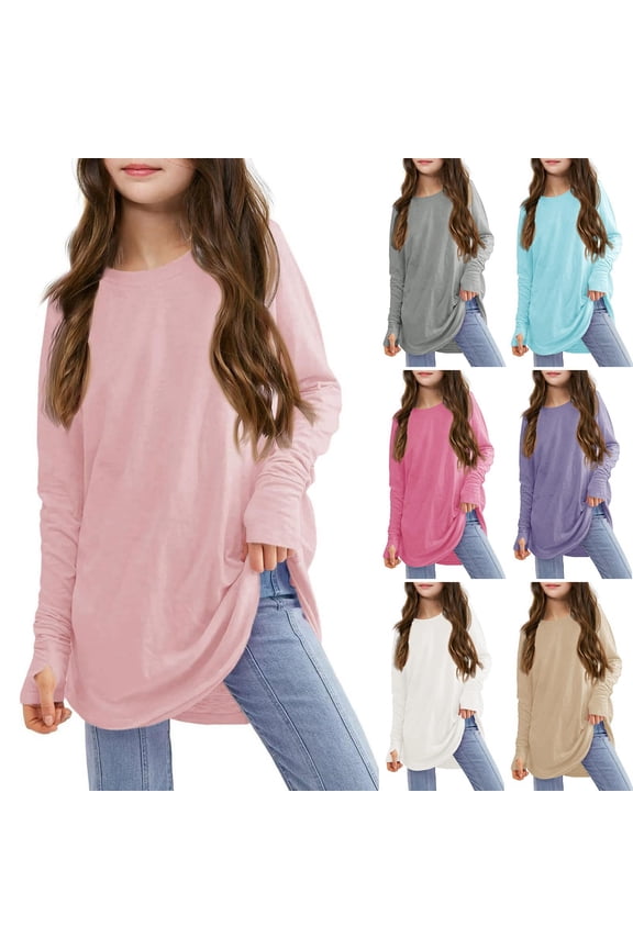 Tunic Top for Girls Fashion Long Sleeve Shirt with Thumb Hole Loose Tshirt Crew Neck Fall Blouse Teen Girl Clothes Light pink 140