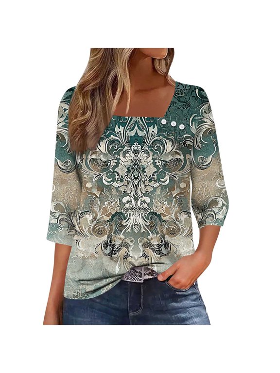 Tunic Top for Women 3/4 Sleeve Striped Print Shirts Summer Casual Button Blouse Square Neck Loose Soft T Shirt