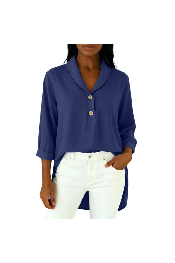 Tunic Top for Women Lapel V Neck Half Button High Low Side Slit 3/4 Sleeve Summer Casual Solid Color Blouse S-XXL