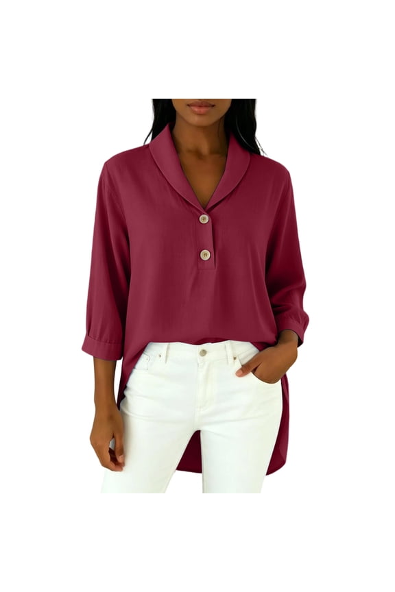 Tunic Top for Women Lapel V Neck Half Button High Low Side Slit 3/4 Sleeve Summer Casual Solid Color Blouse S-XXL