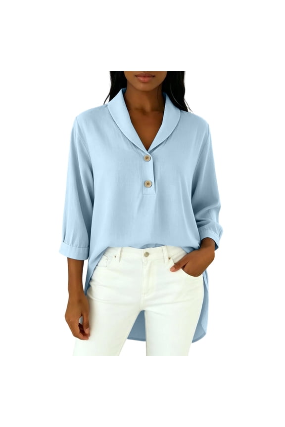 Tunic Top for Women Lapel V Neck Half Button High Low Side Slit 3/4 Sleeve Summer Casual Solid Color Blouse S-XXL