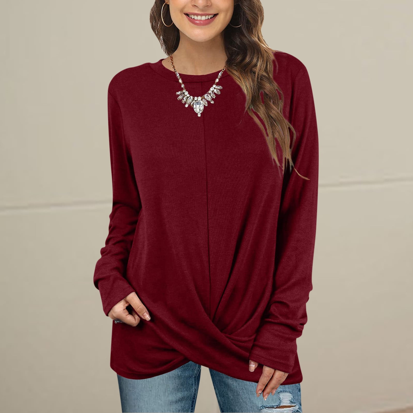 Tunic Tops For Leggings For Women Front Long Sleeve O-Neck Shirts 