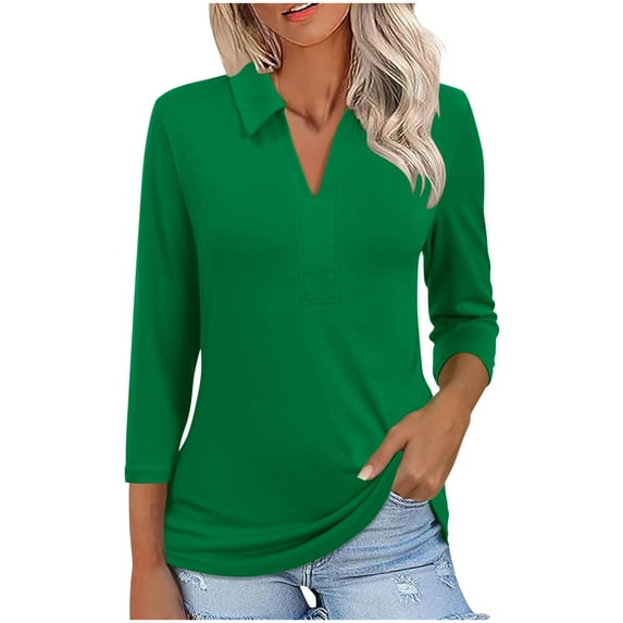 Polo Shirt for Womens Summer Solid Color T Shirts V Neck Tops 3/4 Length Sleeve Tee Basic Tunic Tops Turndown Collar Blouse Business Office Work Top