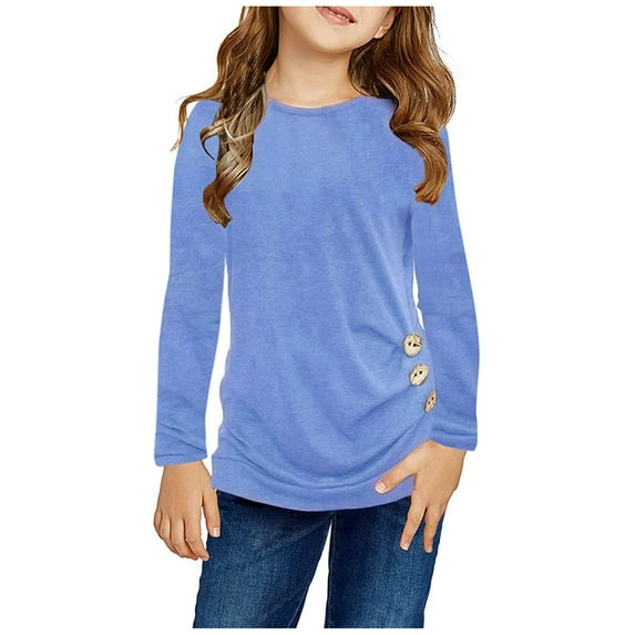 Tunic Tops for Girls Long Sleeves Solid Color Crewneck Soft Shirts Side Buttons Comfortable Casual Pullover Sweatshirt Kids Clothing Sky Blue 4-5 Years