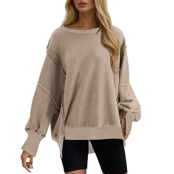 Tunic Tops for Leggings Cotton Fall Relaxed Fit Crewneck Long Sleeve Bubble Drop Shoulder Side Split Solid Color Leisure Ribbed Knit Top Tops(Khaki,L)
