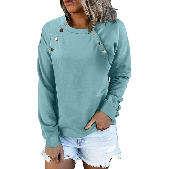 Tunic Tops for Leggings Plus Size Winter Fall Loose Fit Crew Neck Long-sleeved Mitten-Cuff One Shoulder with Buttons Solid Color Elegant Cotton Pullovers Top(Sky Blue,S)