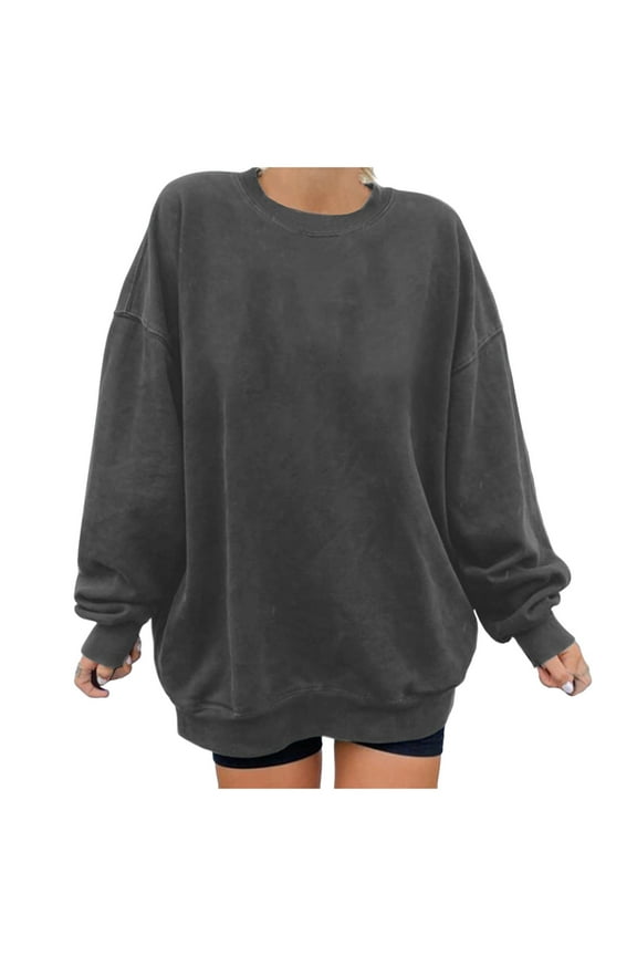 Tunic Tops for Leggings Women Trendy Fall Relaxed Fit Crew Neck Long-sleeved Batwing Off the Shoulder with Pocket Plain Leisure Cotton Pullover Top(Dark Gray,S)
