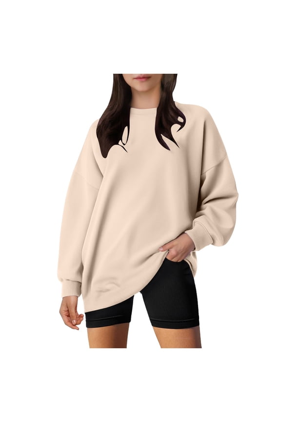 Tunic Tops for Leggings Women Trendy Fall Winter Comfy Crewneck Long Sleeve Dolman Cold Shoulder with Pocket Plain Leisure Cotton Top Pullover(Beige,M)