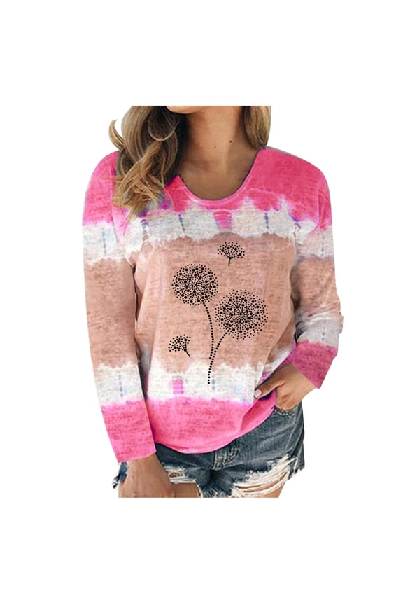Tunic Tops Long Sleeve Women's Print Tie-Dye Patchwork Crew-Neck T-Shirt Casual Tee Blouse Tops Round Neck Sweater Oversized Print Long-sleeved Sweatshirt Gradient Sweatshirt