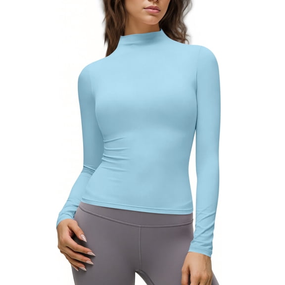 Tunic Tops Loose Dressy Women's Long Sleeve T Shirts, Turtleneck Slim Fitting Blouse Shirt, Stretchy Pullover Basic Tee Tops Blue XL