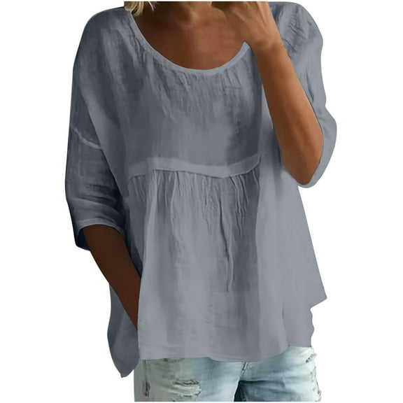 Tunic Tops Loose Dressy Women's Summer Boho Tops, 3/4 Sleeve Tunic Top Loose Casual Flowy Pleated Blouse Solid Color Shirt Gray L