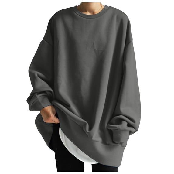 Tunic Tops Plus Size Long Winter Fall Oversized Crew Neck Sleeve Cap Off the Shoulder with Pocket Plain Leisure Cotton Sweatshirts Pullover(Grey,S)
