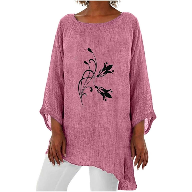 Tunic Tops to Wear with Leggings Comfy Flowy Cotton Linen Long Shirt Scoop  Neck Dandelion Graphic 3/4 Sleeve Shirts Plus Size Tops for Women Dressy