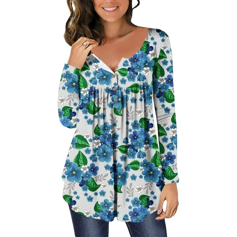 Tunic Tops to Wear with Leggings Dressy Plus Size Tops for Women Comfy  Flowy Pleated Long Shirt Henley Floral Printing Long Sleeve Shirts Black M