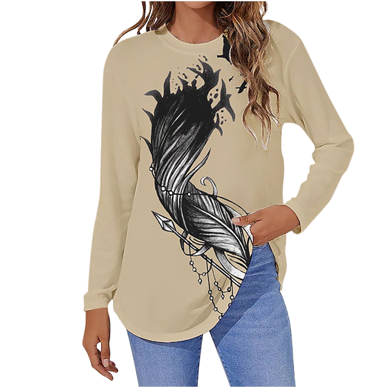 Tunic Tops to Wear with Leggings Round Neck Feather Graphic Comfy Flowy  Hide Belly Long Shirt Long Sleeve Shirts Dressy Plus Size Tops for Women  Beige M 
