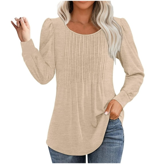 Tunic Tops for Women 2024 Dressy Casual Long Sleeve Fall Shirts Blouses Elegant Pleated Crew Neck Tunic Tops for Leggings Trendy Plain Cosy Tunics Blouse Business Work Daily Wear