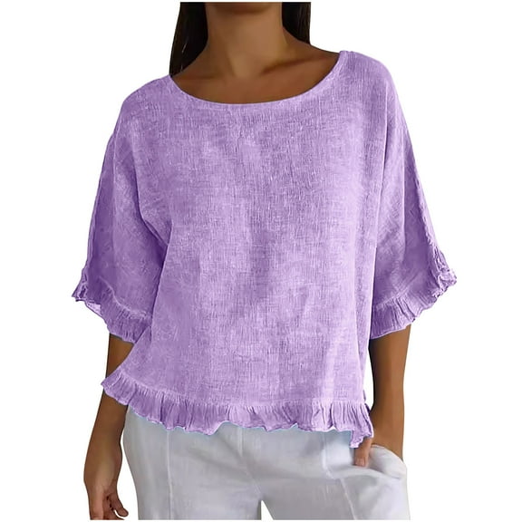 Tunic Tops for Women 3/4 Sleeve Crew Neck Linen Blouses Ruffle T Shirt Ladies Basic Plain Elegant Casual Loose Tees Plus Size Ruffled Hem Longline Oversized Summer Clothes