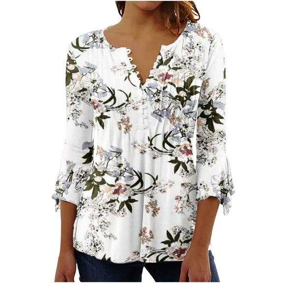 Tunic Tops for Women Long Length Button Down Shirt Floral Print Summer Tops Dressy Casual Bell 3/4 Sleeve Blouses Henley V Neck Spring Ladies T Shirts Size 8-16