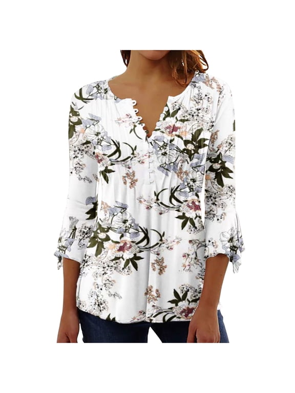 Tunic Tops for Women Long Length Button Down Shirt Floral Print Summer Tops Dressy Casual Bell 3/4 Sleeve Blouses Henley V Neck Spring Ladies T Shirts Size 8-16