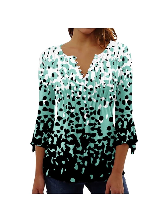 Tunic Tops for Women Long Length Button Down Shirt Floral Print Summer Tops Dressy Casual Bell 3/4 Sleeve Blouses Henley V Neck Spring Ladies T Shirts Size 8-16