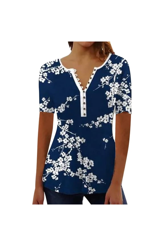 Tunic Tops for Women Long Length Button Down Shirt Floral Print Summer Tops Dressy Casual Bell Short Sleeve Blouses Henley V Neck Spring Ladies T Shirts Plus Size 22