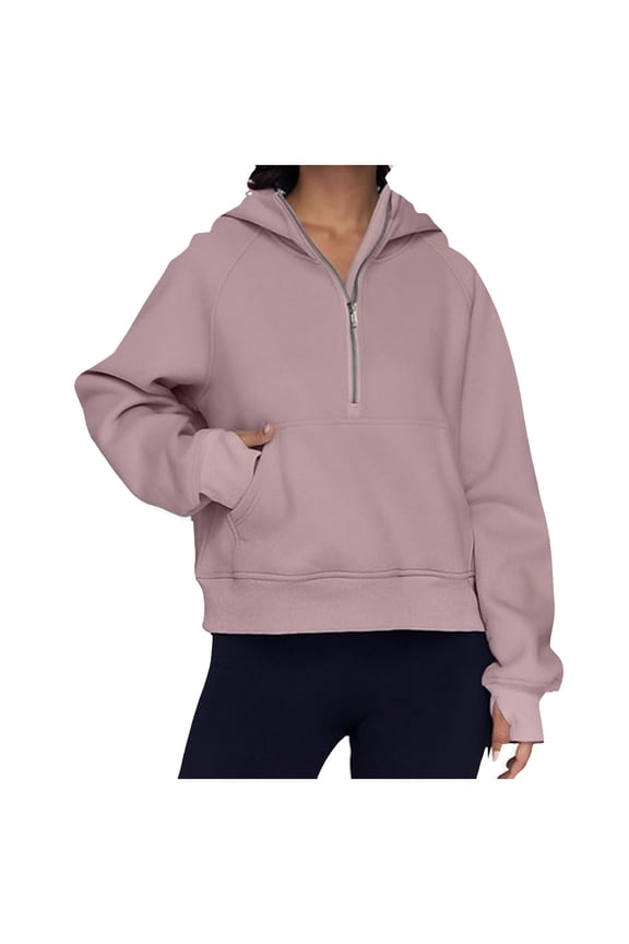 Tunic Tops for Women Loose Fit Casual Long Sleeve Winter Fall Relaxed Hooded Long-sleeved Blouson Off the Shoulder with Pocket Plain Hoodie Cotton Sweatshirts Tops(Light Pink,XL)