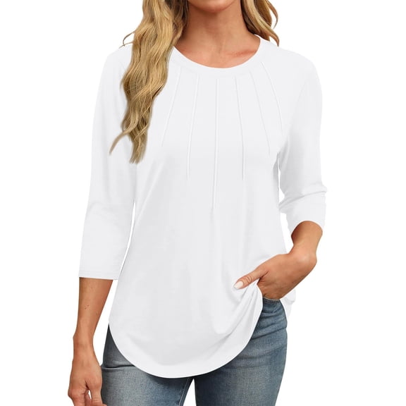 Tunic Tops for Women Loose Fit Dressy! Comdrip 3/4 Length Sleeve Womens Tops Round Neck Casual Tunic Tops Basic Pleated Shirts Loose Fit 2025 3/4 Sleeve Tops for Women White S