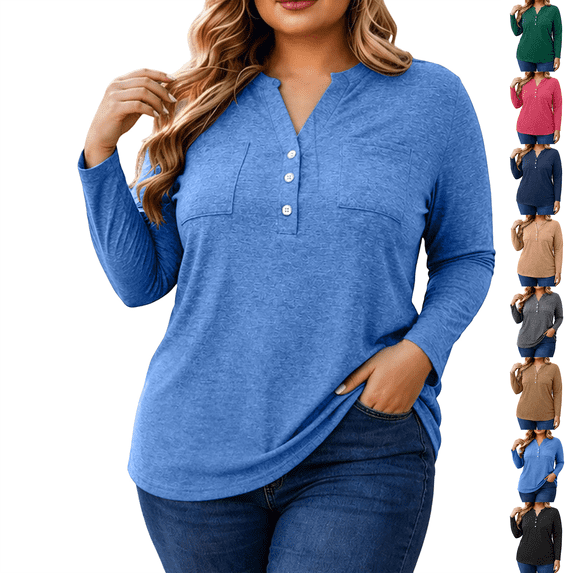 Tunic Tops for Women Loose Fit Dressy Nelozsy Plus-size Women's V-neck Long-sleeved Tunic With A Cinched Waist Featuring A Stretch Waistband For A Casual Look Blue L