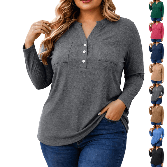 Tunic Tops for Women Loose Fit Dressy Nelozsy Plus-size Women's V-neck Long-sleeved Tunic With A Cinched Waist Featuring A Stretch Waistband For A Casual Look Gray XXXXXL